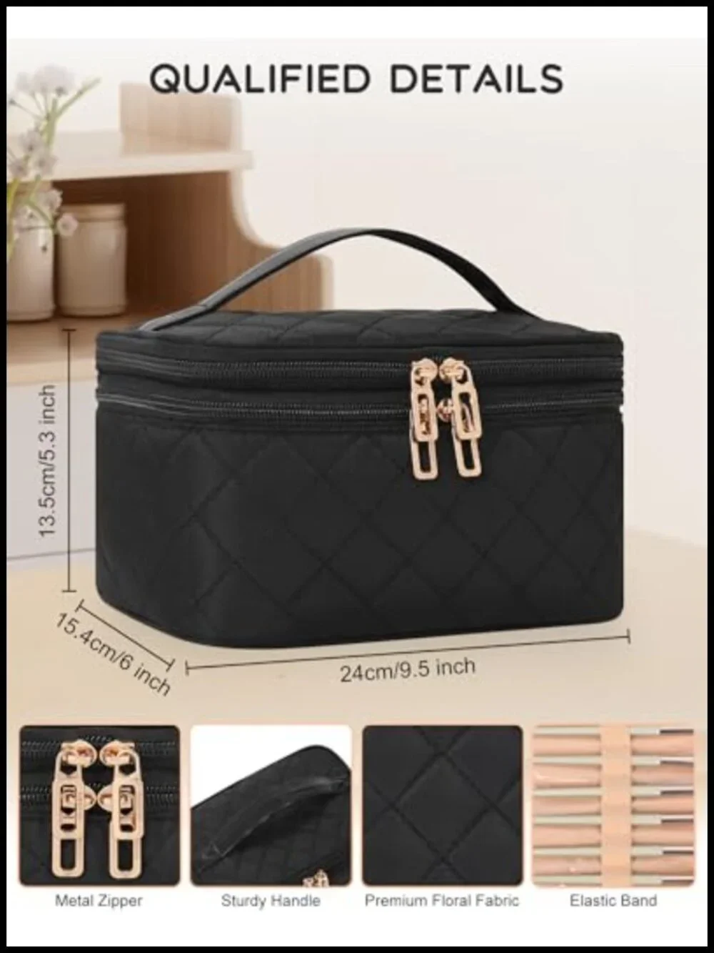 Large Travel Makeup Bag with Brush Compartment, Double Layer Design, Portable